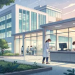 Illustration of a modern Korean university window looking into a science lab with beakers, symbolizi...