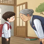 Illustration depicting a Korean student respectfully speaking with a professor in a university hallw...