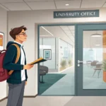 Illustration symbolizing a student respectfully approaching a professor's office at a Korean univers...