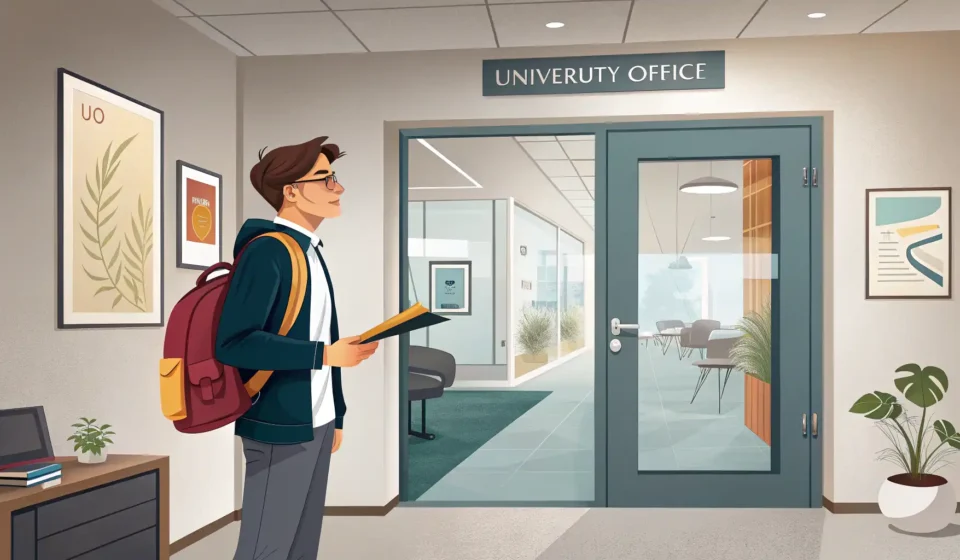 Illustration symbolizing a student respectfully approaching a professor's office at a Korean univers...