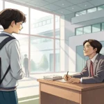 Illustration of a Korean student politely speaking with a university professor, representing asking...
