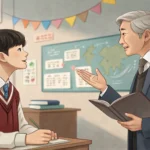 Illustration of a Korean student politely asking a professor a question in a university office, with...