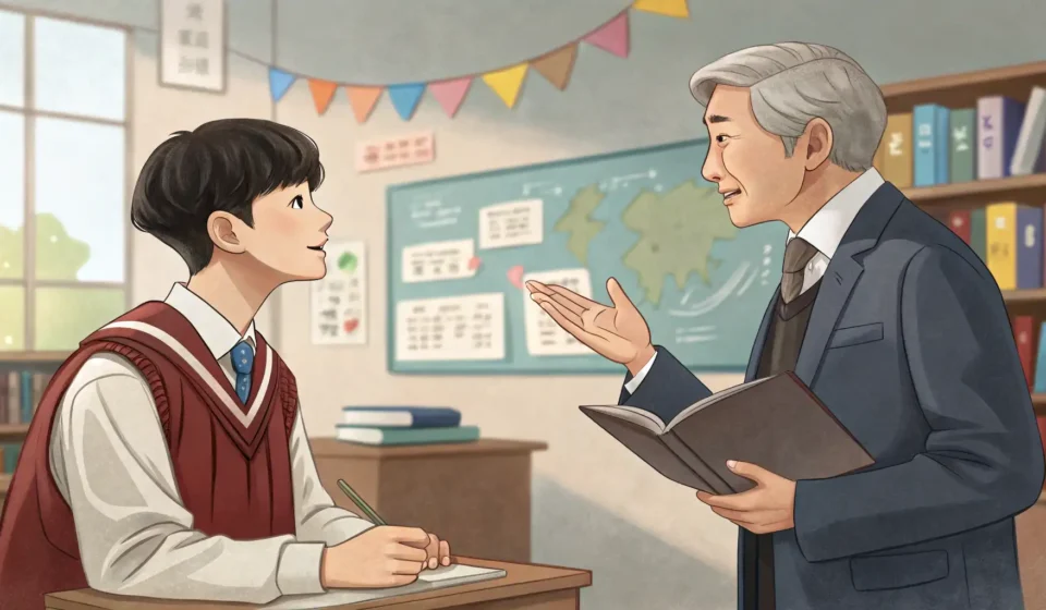 Illustration of a Korean student politely asking a professor a question in a university office, with...