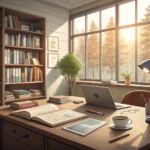 A bright Korean university professor's office setting, representing asking a professor about study g...