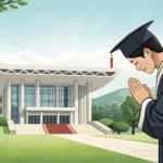 Illustration symbolizing a student respectfully approaching a professor in a Korean university setti...