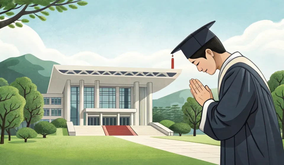 Illustration symbolizing a student respectfully approaching a professor in a Korean university setti...