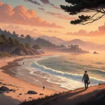 Illustration of a peaceful Korean beach at sunset, symbolizing asking for directions to a quiet spot...