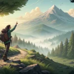 A hiker asks a camper for directions in a tranquil Korean mountain forest, symbolizing the search fo...