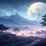 Stylized image of a bright moon rising over a serene Korean landscape, symbolizing finding a quiet s...