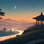 Silhouette of a traditional Korean pavilion overlooking a peaceful landscape during a vibrant sunset...