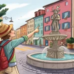Illustration of a tourist asking a local about a quirky fountain statue in a Korean park, representi...