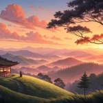 A camper and a park ranger watch a beautiful sunrise over rolling Korean hills, symbolizing learning...