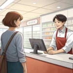 Customer handing a folded shirt to a clerk over a counter in a Korean clothing store, illustrating t...