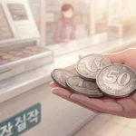 Hand holding Korean Won coins, symbolizing a refund, with a broken traditional Korean toy blurred in...