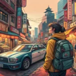 Illustration of a tourist asking a local for directions to rent a scooter on a sunny downtown street...