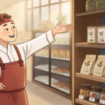Illustration of a shopper inquiring with a Korean store clerk about an empty coffee shelf in a cozy...