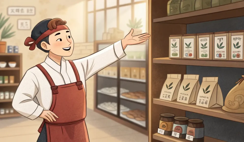 Illustration of a shopper inquiring with a Korean store clerk about an empty coffee shelf in a cozy...