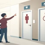 Illustration of a person pointing towards a restroom door in a modern Korean office setting, symboli...