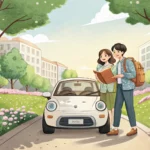 Illustration of two friendly Korean students by a car on a university campus, depicting one student...