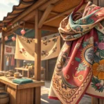 A colorful Korean traditional scarf with intricate patterns displayed at a market, symbolizing askin...