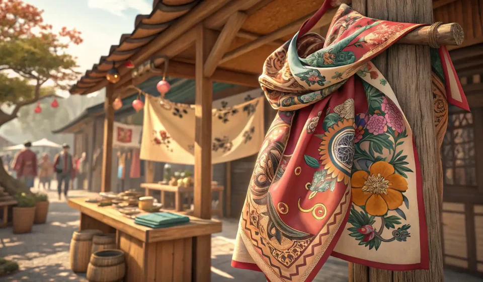 A colorful Korean traditional scarf with intricate patterns displayed at a market, symbolizing askin...