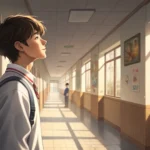 Illustration of a Korean high school student looking curiously at a bulletin board in a school hallw...