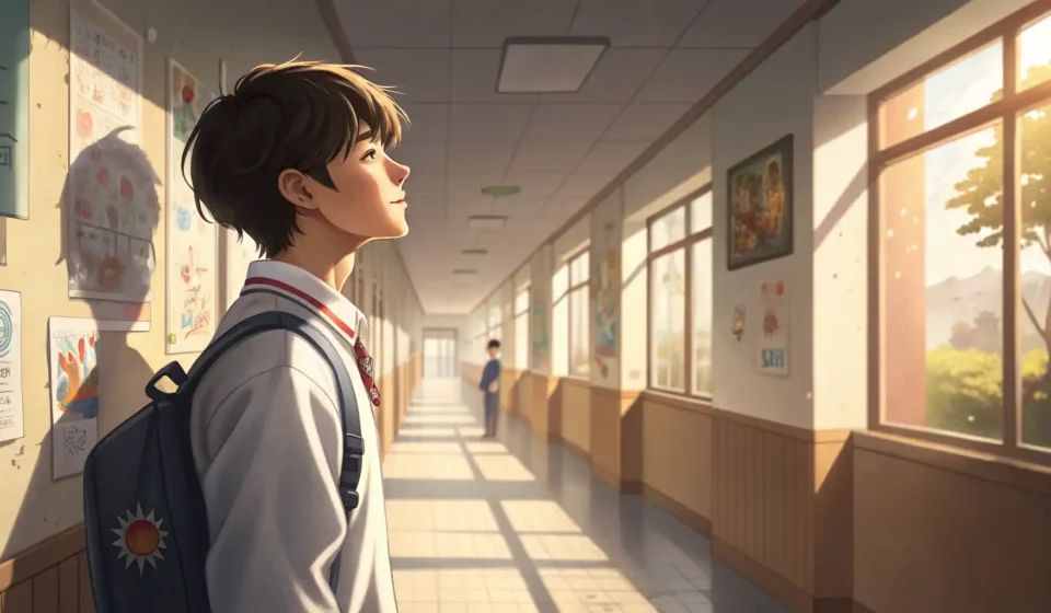 Illustration of a Korean high school student looking curiously at a bulletin board in a school hallw...