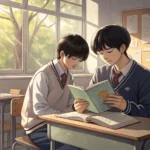 Two Korean students in a classroom setting discussing a script, illustrating how to ask for peer adv...