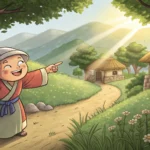 Illustration depicting a friendly Korean elder pointing towards a hidden path leading into an ancien...