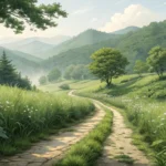 Illustration of a hidden path through Korean greenery leading to an old stone wall, symbolizing aski...
