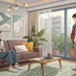 Illustration showing two young Korean roommates, one asking the other to share a music playlist on a...