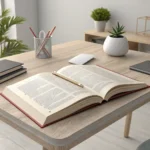 An open textbook on a desk next to two coffee mugs, symbolizing roommates sharing study materials fo...