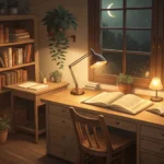 Illustration of two adjacent study desks in a cozy room at night, sharing one open textbook, represe...