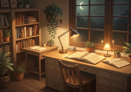 Illustration of two adjacent study desks in a cozy room at night, sharing one open textbook, represe...