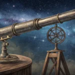 Illustration of an antique telescope viewing a night sky, focusing on one erratically blinking star,...