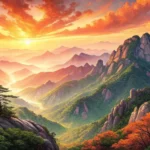 Stylized illustration of a beautiful sunrise over Korean mountains with a visible hiking trail, repr...