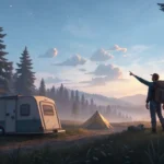 A camper asks a hiker for directions on a mountain path at dawn, pointing towards a beautiful sunris...