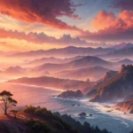 Serene Korean sunrise over a landscape, symbolizing a tourist finding a quiet viewing spot with loca...