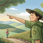 Illustration of a Korean park ranger guiding a camper towards a viewpoint showing a beautiful sunset...