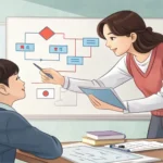 Illustration of a Korean TA assisting a student with a biology diagram in a university lab setting,...