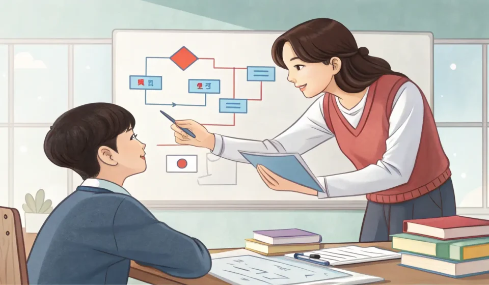 Illustration of a Korean TA assisting a student with a biology diagram in a university lab setting,...