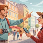 Illustration depicting a tourist asking someone to take their picture with a smartphone in front of...