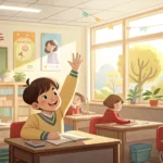 Illustration of a student raising their hand politely in a Korean classroom setting, representing as...