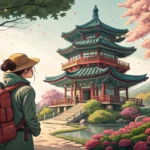 Illustration showing a tourist asking a friendly Korean local for the best viewpoint to see a histor...