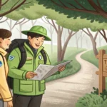 Illustration of a hiker asking a Korean park ranger holding a map about a mountain trail, with a dis...