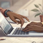 Two pairs of hands working together urgently on a laptop keyboard in a modern Korean office, symboli...