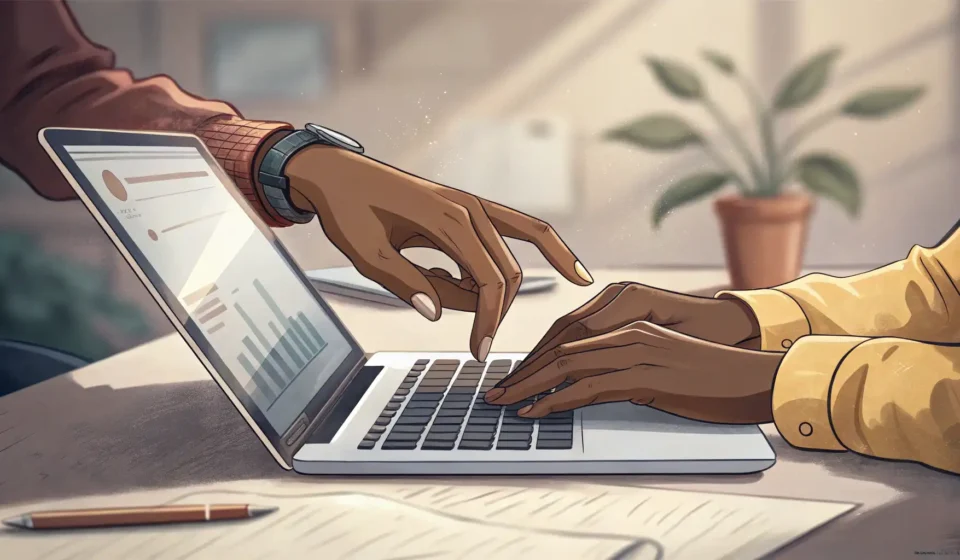 Two pairs of hands working together urgently on a laptop keyboard in a modern Korean office, symboli...