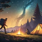Illustration of a hiker politely asking a camper for advice beside a warm campfire and tent during a...