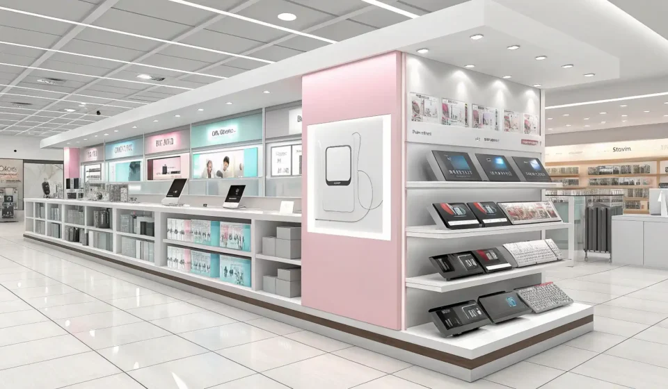 A modern Korean electronics store aisle displaying various electric kettles, illustrating the topic...