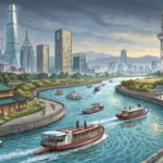 Illustration of boats passing on a river in a Korean city, viewed from a tranquil park, symbolizing...